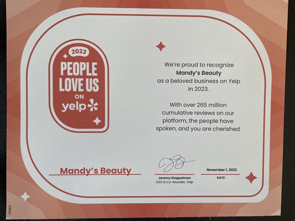 Mandy's Beauty wins People Love Us on Yelp Award!
