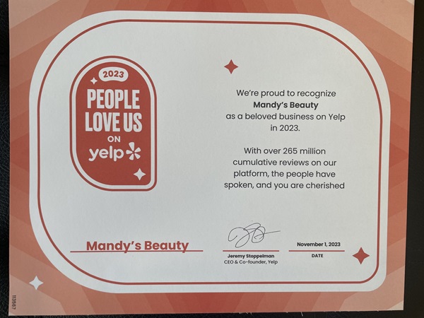 Check us out on Yelp! Mandy's Beauty wins People Love Us on Yelp Award!
